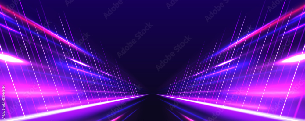 Poster Abstract neon color glowing lines background. Vector futuristic empty neon background. High tech lines, studio product, future cyberspace concept.	