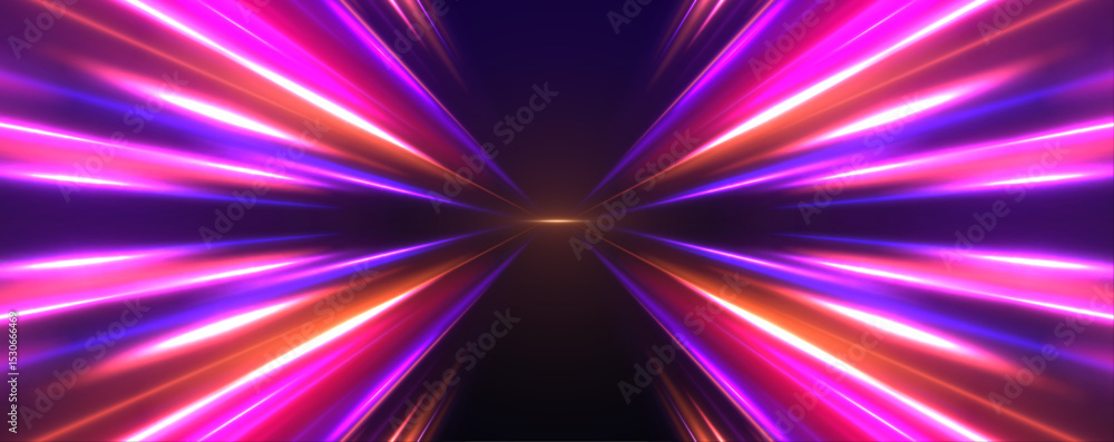 Poster Abstract neon color glowing lines background. Vector futuristic empty neon background. High tech lines, studio product, future cyberspace concept.	