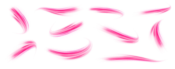 Set of neon speed lines on transparent background PNG. Glowing semicircular waves and light swirls in transparent PNG format. Soft motion and elegant curves create luminous arcs. 