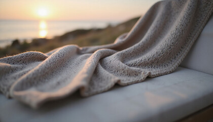 Cryptographic, Knitted blanket with binary code texture, Setting draped over a minimalist chaise at sunset