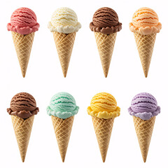 Eight Delicious Ice Cream Cones with Assorted Flavors