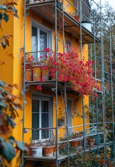 Colorful balcony garden with vibrant flowers and scaffolding.