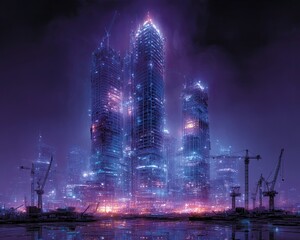 Futuristic Smart City with Digital Construction Layers, Smart City Construction Design, Smart City Construction Concept Futuristic skyscrapers illuminated at night.