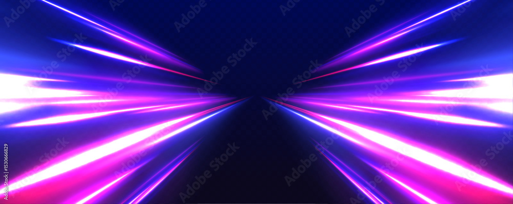 Poster Sci-fi light trails streak across a dark background in motion. Colored rays simulate speed and futuristic energy. A powerful visual of high-tech travel.