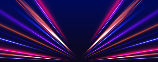 Speed lines burst from the center with glowing neon blue and red streaks, creating a dynamic motion effect. Acceleration radiates outward. A futuristic energy explosion.
