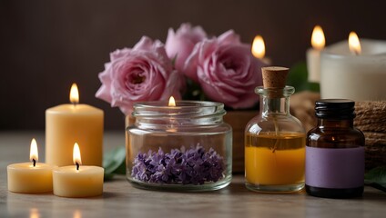 Obraz na płótnie Canvas Cozy Candlelight: Serenity with Flowers and Spa Vibes