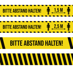 Set of four seamless caution tapes with german warnings for printing. Absperrband. Bitte abstand halten