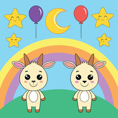 Adorable twin baby goats in a rainbow meadow with balloons and stars