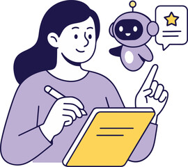 Customer Feedback Vector Illustration with Woman and Robot.