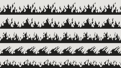 Naklejka na ściany i meble Fire border silhouette patterns - black flame shapes, burning edge design elements for hot graphics, decorative blaze strips with seamless repeat, danger warning symbols and inferno themed dividers.