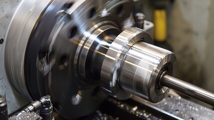 Close-up of a lathe turning operation showcasing a metal workpiece being shaped by a cutting tool, with chips flying and coolant spraying. The lathe's spindle rotates the workpiece while the tool hold