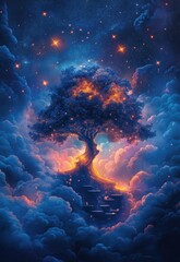 Mystical background in blue and purple with clouds with shimmering highlights.