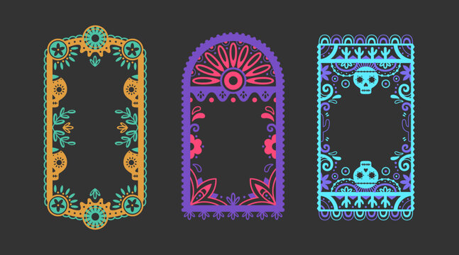 Vibrant Mexican decorative frame borders on dark background. Traditional papel picado style with colorful floral patterns, skulls. Festive ornamental rectangles for celebration design elements.