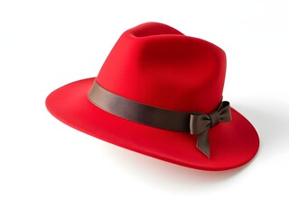 Stylish Red Fedora Hat with Curved Brim and Dark Brown Ribbon Bow – Isolated on White Background, Perfect for Fashion Concepts, Accessories, and Vintage or Elegant Style Themes
