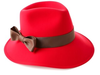 Stylish Red Fedora Hat with Curved Brim and Dark Brown Ribbon Bow – Isolated on White Background, Perfect for Fashion Concepts, Accessories, and Vintage or Elegant Style Themes

