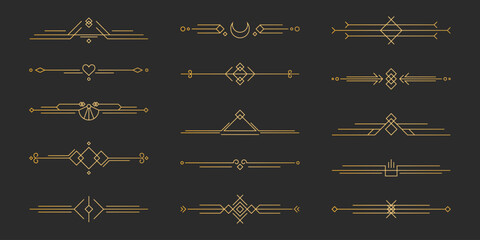 Golden art deco line dividers set - geometric ornamental borders with diamonds, triangles and decorative elements. Elegant vintage separators for luxury design, wedding invitations or premium branding © klyaksun