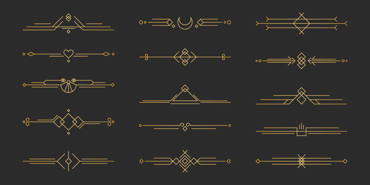 Golden art deco line dividers set - geometric ornamental borders with diamonds, triangles and decorative elements. Elegant vintage separators for luxury design, wedding invitations or premium branding