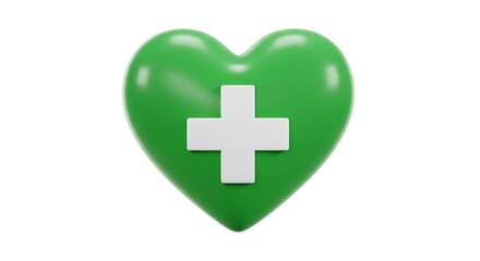 Obraz premium Green heart with white cross medical symbol isolated on white background
