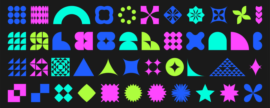 Brutalist geometric shape set - bold abstract forms and patterns in vibrant neon colors on black bg. Modern minimalist design elements for posters or web interfaces. Contemporary digital art assets