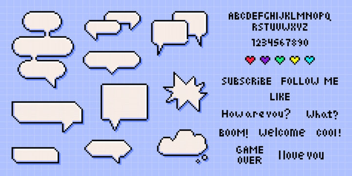Pixel art speech bubble set with retro gaming phrases and font - dialog boxes, chat balloons, thought clouds with text. 8 bit communication elements for streaming overlay, social media, game interface
