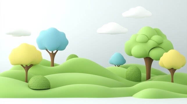 Sunny summer landscape with green trees, blue sky, and fluffy clouds over rolling hills and meadows