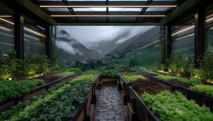 Mountainous vista viewed from a modern, glass-roofed greenhouse containing neatly organized rows of leafy greens