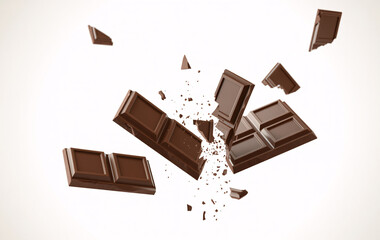 Milk Chocolate Bar Breaking Apart in Mid Air with Pieces and Crumbs
