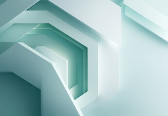 Abstract digital artwork featuring overlapping, light teal and white hexagonal and rectangular shapes creating a three-dimensional, layered effect