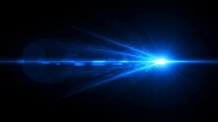 Bright blue light emitting across black background with lens flare and particles. Abstract modern graphic for digital display and futuristic concept footage. - Powered by Adobe