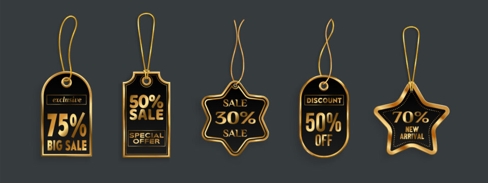 Gold discount badge collection with hanging strings on dark background. Luxury sale tags with various percentages on special offer labels. Premium retail pricing markers for shopping promotions.
