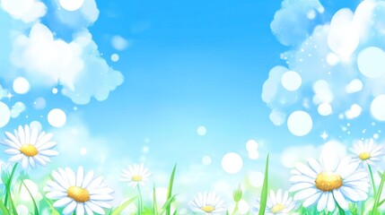 Delicate white daisies in a bright blue sky.