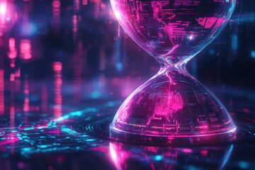Digital hourglass, glowing with futuristic circuit patterns.
