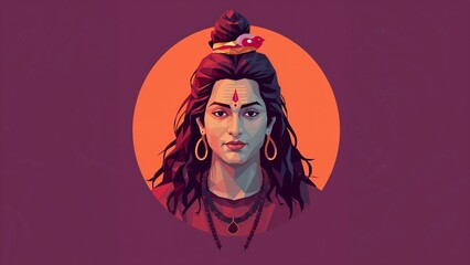 Vector portrait of Lord Shiva with a snake in his hair, against a dark purple background.