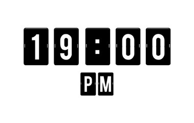 Modern flip clock design showing 19:00 PM on a white background. Perfect for use in editorial designs, infographics, and time management visuals.