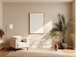 Calm beige room with armchair, floor lamp, large framed poster, potted palm, and rug; sunlight streams in