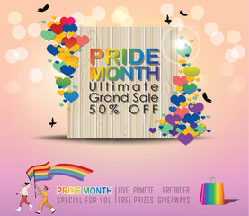 Pride Month sale! Celebrate love and diversity with our Ultimate Grand Sale banner Template and colorful LGBT rainbow design. The copy space banner background for vector and illustration.
