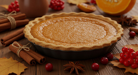 A pumpkin pie is displayed with cinnamon sticks, cranberries, leaves, star anise, and a pumpkin slice, all on a wooden surface.