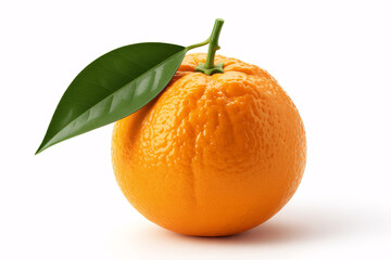 Single ripe orange with a green leaf isolated on white background
