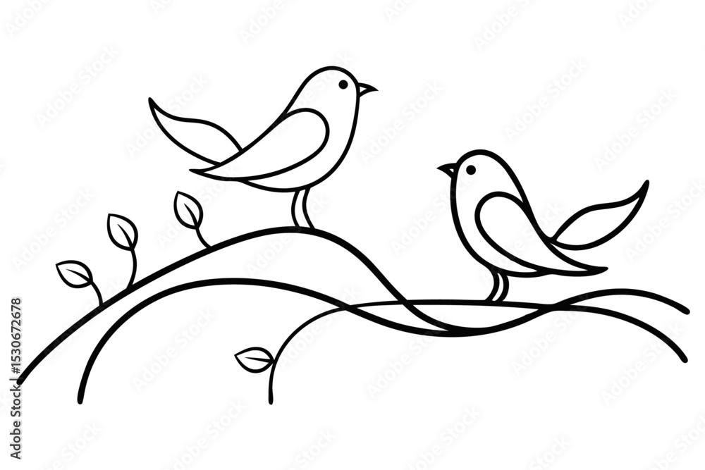 Poster abstract birds on branches continuous line drawing isolated on transparent background