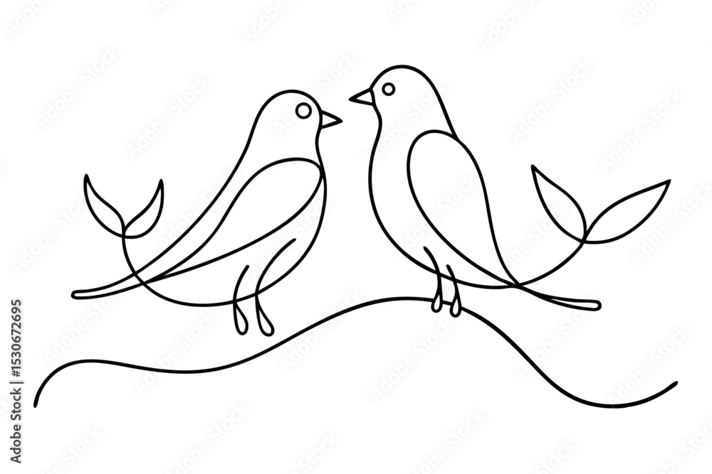 Poster abstract birds on branches continuous line drawing isolated on transparent background