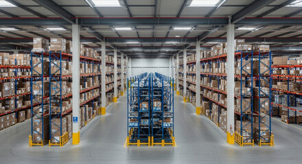 Spacious Industrial Warehouse Interior Showing Shelves Stacked With Cardboard Boxes Under Bright Artificial Lighting