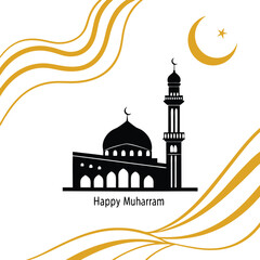 Minimalist Happy Muharram Illustration – Mosque Silhouette, Golden Crescent Moon, and Arabic Calligraphy