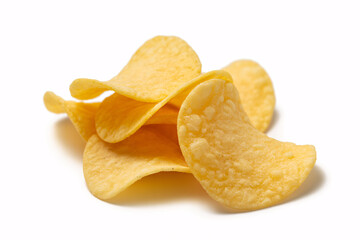 Closeup of a Pile of Crispy Potato Chips Isolated on White Background