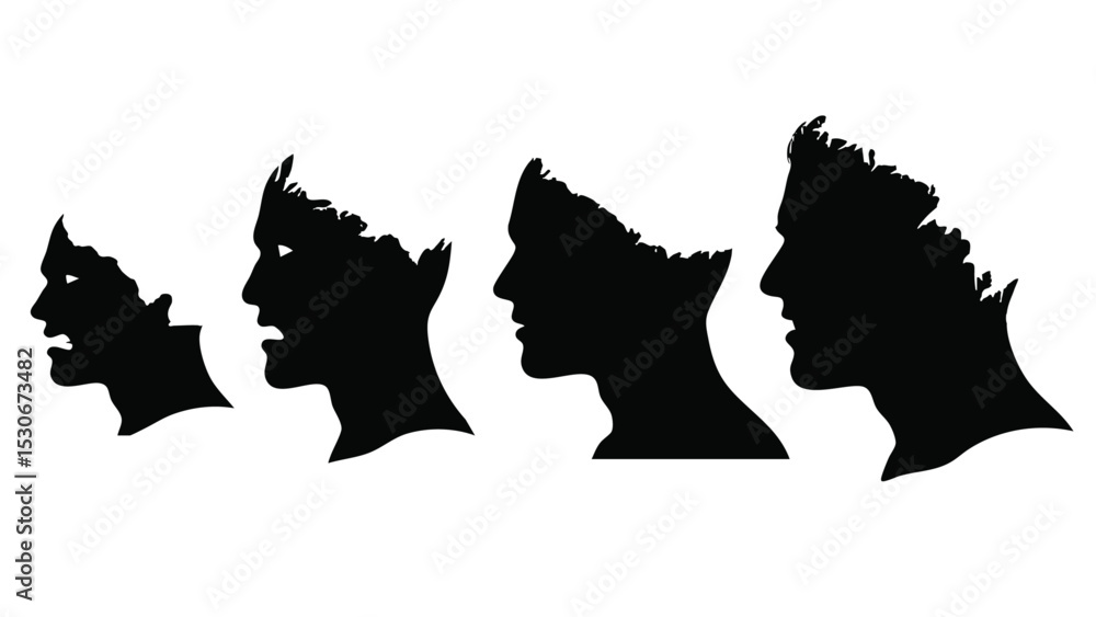 Poster vector art of a sequence of four vector silhouettes, depicting a mans head progressively transformin