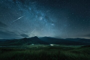 Serene night landscape featuring a star-studded sky, Milky Way, multiple shooting stars streaking across, and dark mountain silhouettes against a grassy foreground
