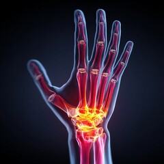 Joint in the palm center becomes swollen and painful, with carpal swelling visible.