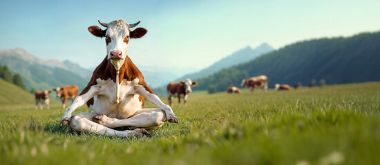 Brown and white cow sitting cross-legged in meditative lotus pose. Other cows in the background. Horizontal layout