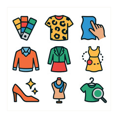 Fashion Icon Grid. Solid, filled icons set of fashion discovery moments: color palette, bold print, fabric