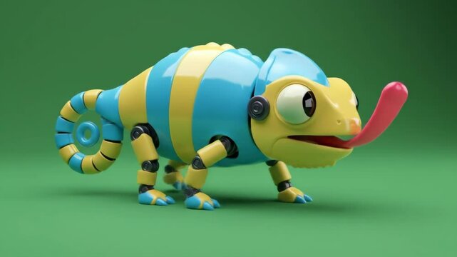 Chubby cartoon bee with blue stripes and smiling face flying mid-air