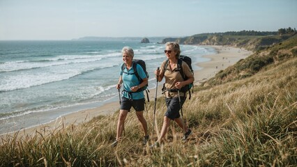 Senior women hiking on coastal trail